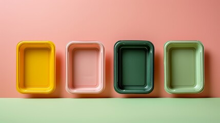 Colorful compostable cardboard empty food tray as an environmentally friendly alternative next to a polystyrene container on pink background. Eco-friendly company concept. Generative ai