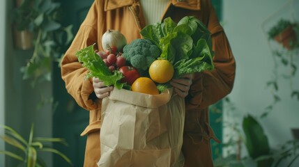 Woman holding natural recyclable paper bag with fresh organic produce, concept of sustainable grocery shopping  grocery delivery. Generative ai - obrazy, fototapety, plakaty