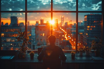 A man is silhouetted against a dramatic cityscape view from an office window as the sun sets, casting a warm glow over the urban horizon - obrazy, fototapety, plakaty