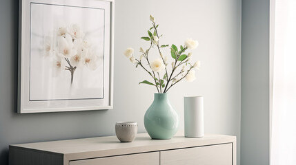 Dekoracja wnętrza - home staging. Dodatki do wystroju pokoju. Kadzidełka, zapach, świece sojowe, kwiaty w wazonie i obraz na komodzie w różowych odcieniach.