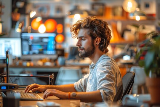 Young professional engrossed in work on his computer in a vibrant creative workspace, depicting productivity