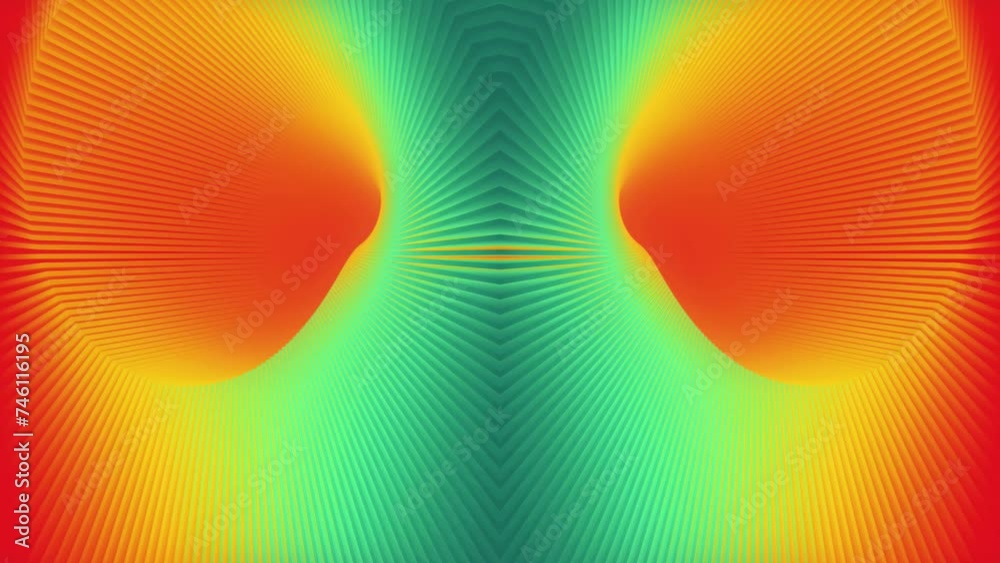 Leinwandbilder Colorful abstract composition of moving green stripes on an orange background. Optically bright and dynamic composition. Digital seamless loop animation. 3d rendering. 4K, Ultra HD resolution