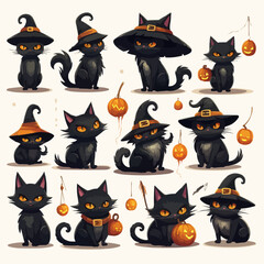 set vector illustration of magic black cat halloween concept isolated on white background