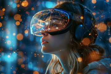 young woman wearing a virtual realityr device in front of a city scene, magenta and light amber, retro-futuristic cyberpunk