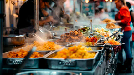 An overhead shot captures a diverse array of Indian dishes served at a bustling street food stall,...