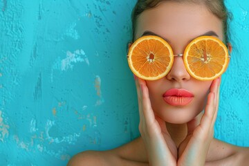 Creative portrait of a woman with orange slices over her eyes, against a blue textured background