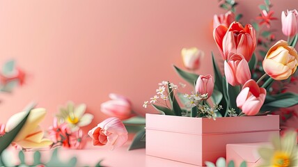 pink gift boxes, with one box open to reveal a collection of decorative festive objects, including vibrant flowers like tulips spilling out.