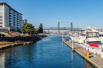 Tacoma Washington waterfront marina and bridge.