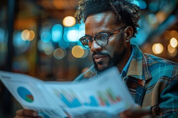 A man with eyeglasses intensely reading a newspaper with financial graphs, illuminated by neon lights - obrazy, fototapety, plakaty