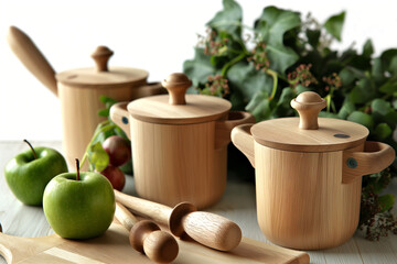 Eco-Friendly Bamboo Kitchen Canisters on Wooden Board with Fresh Fruits