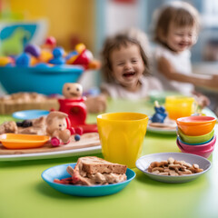 Closeup photo of a nutritious breakfast arranged on a brightly colored melamine board with children's laughter and bright toys blurred in the background, suggesting a playful family setting.