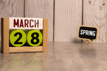 February 28th. Cube calendar for february 28 on wooden table with empty space For text. Not Leap year or intercalary day