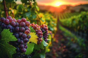 A stunning close-up of juicy, ripe grapes hanging on the vine, bathed in the golden light of the setting sun at a tranquil vineyard - obrazy, fototapety, plakaty
