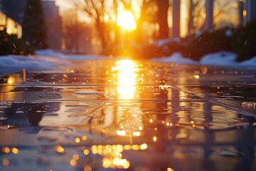 The warm glow of sunset reflects on the wet surfaces of an urban setting, creating a mesmerizing interplay of light and water