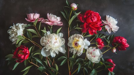 white, red, and pink peonies, both in full bloom and budding, set against a dramatic dark background, empty space for text.