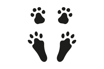 Rabbit or hare paw footprints. Paw prints of Easter Bunny. Black silhouette isolated on white background. Concept of animal tracks. Icon, symbol, print, postcard, booklet, pet store, zoo