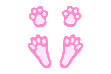 Funny pink rabbit or hare paw footprints. Cute paw prints of Easter Bunny. Cartoon cat paw prints in pink. Isolated on white backdrop. Concept of animal tracks. Icon, symbol, print, postcard, pet stor