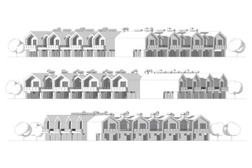 Architectural two story townhouse blueprints and drawings. Vector illustration