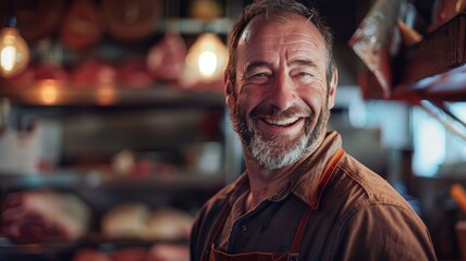 Fototapeta premium a butcher shop with a close-up photo of a middle-aged male butcher of Caucasian European American ethnicity, smiling as he showcases his expertise and passion for his craft.