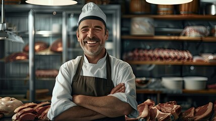 a butcher shop with a close-up photo of a middle-aged male butcher of Caucasian European American ethnicity, smiling as he showcases his expertise and passion for his craft. - obrazy, fototapety, plakaty