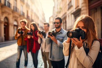 European Photography Workshop: Tourists Capture Streets in the Golden Hour. - Powered by Adobe