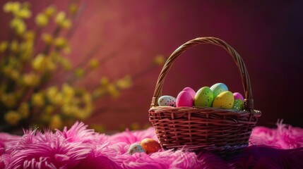 Fototapeta na wymiar Easter decoration colorful eggs in wick basket on dark background with copy space. Beautiful colorful easter eggs. Happy Easter. 