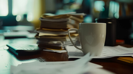 The image captures a busy work environment with a coffee mug in focus, surrounded by piles of...