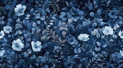 floral blue design inspired by atmospheric woodland imagery, featuring intricate nature-inspired patterns in royal blue hues.