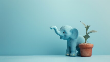 An adorable toy elephant paired with a potted plant displayed on a shelf, set against a tranquil blue backdrop