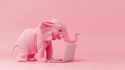 A cute, pink elephant figurine appears to be curiously using a laptop computer against a soft pink background - obrazy, fototapety, plakaty