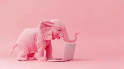 Foto op Aluminium A cute, pink elephant figurine appears to be curiously using a laptop computer against a soft pink background © ChaoticMind