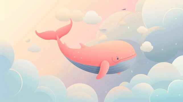 A whimsical illustration of a smiling whale soaring through a dreamy pastel sky dotted with fluffy clouds and tiny birds