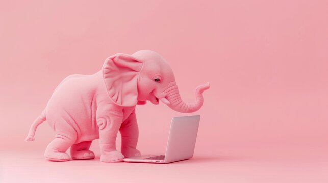 A cute, pink elephant figurine appears to be curiously using a laptop computer against a soft pink background