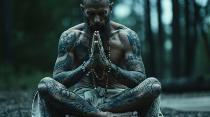 A monk in deep meditation, his skin adorned with elf tattoos depicting animals, symbolizing a harmonious connection with nature