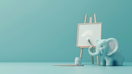 A blue elephant toy appears to be painting on a canvas, evoking creativity and artistic pursuit in a minimalist setup