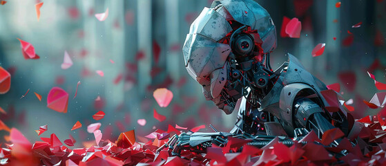 An origami master droid in a cyberpunk world, where each fold is a precise algorithm, creating traditional art amidst the chaos of technology