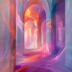 Create an abstract piece that symbolizes the sanctuary of the mind one might find through the meditative aspects of cardio exercises within the sacred space of a church Use soft, ethereal shapes to - obrazy, fototapety, plakaty