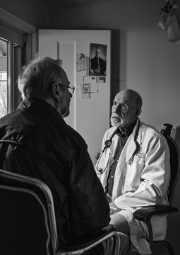 Vintage monochrome photorealistic image of doctor comforting patient in chair