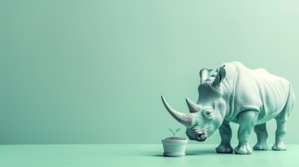 A sizable rhinoceros stands in contrast to a tiny plant pot, evoking themes of nature and nurture