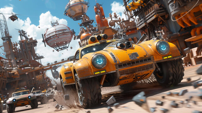 In a world where airships dominate the skies, an action-packed race unfolds, with playful trucks equipped with jet engines navigating through floating obstacles and docking bays