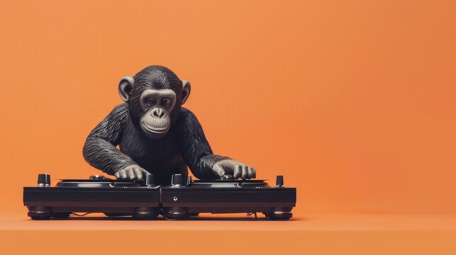 An imaginative picture of a monkey DJ at turntables on an orange backdrop, reflecting music's universal appeal and joy