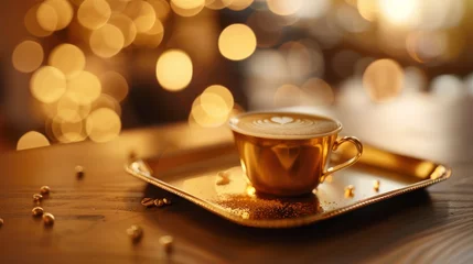 Foto op Plexiglas Coffee in a golden tray, background with bokeh effect © Graphics Box
