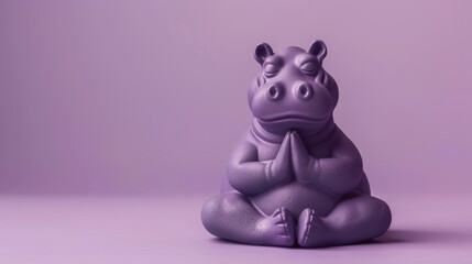 A serene purple hippo figurine meditates in a yogic pose encapsulating tranquility and mindfulness on a purple background