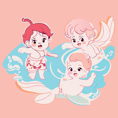 children swimming in the sea illustration, sticker, clean white background, t-shirt design, graffiti, vibrant, vector illustration kawaii