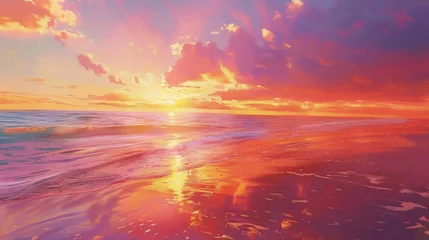 Poster The painting depicts a vibrant sunset over the ocean, with the sun setting below the horizon and casting a warm glow over the calm waters © sommersby