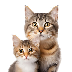 A close up portrait of a cute kitten and its adult cat, Isolated on Transparent Background, PNG
