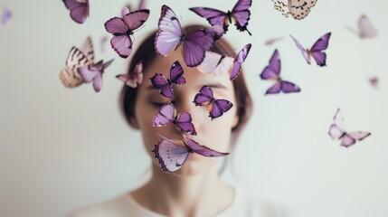 A conceptual visualization of a person with a blurred face surrounded by vibrant butterflies, conveying a sense of freedom and transformation