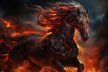 A horse is galloping through a sky engulfed in flames, showcasing its strength and agility amidst a fiery backdrop