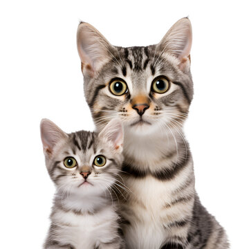 Close up portrait: cute kitten with adult cat, Isolated on Transparent Background, PNG