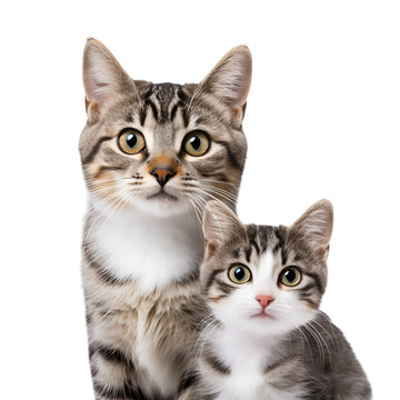 A cute adult cat with its kitten: close up portrait, Isolated on Transparent Background, PNG